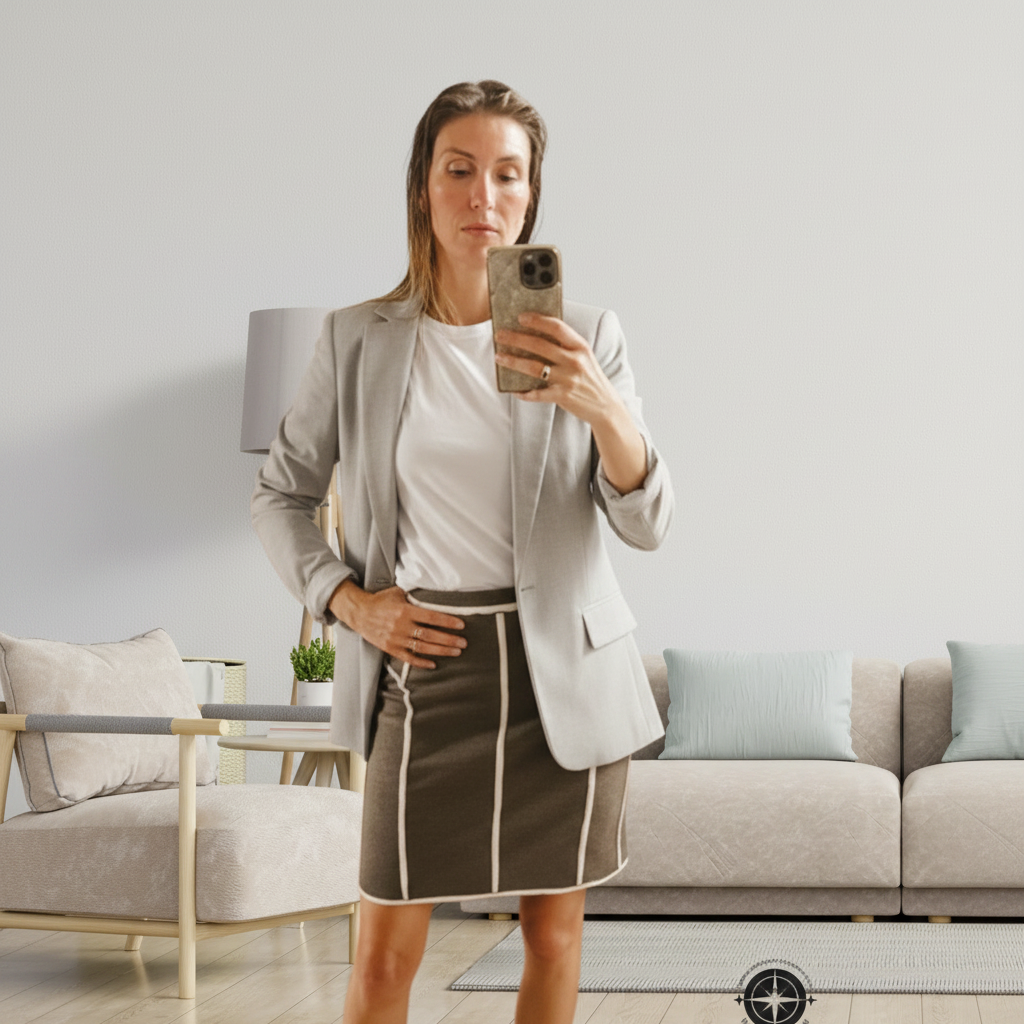 A woman takes a mirror selfie in a living room, wearing a blue graphic t-shirt and a brown pencil skirt with white piping. A compass logo is visible in the bottom right corner.
