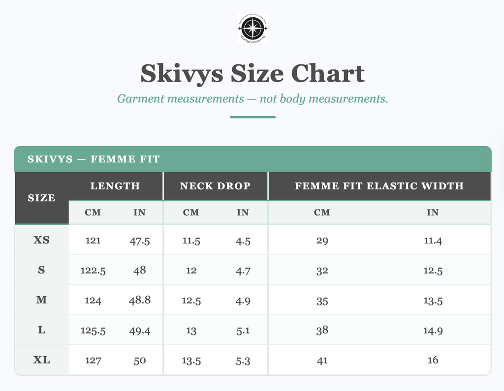 Skivvys Size Chart for garment measurements on a white background