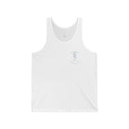 A white unisex athletic tank top with a small text and design on the front.