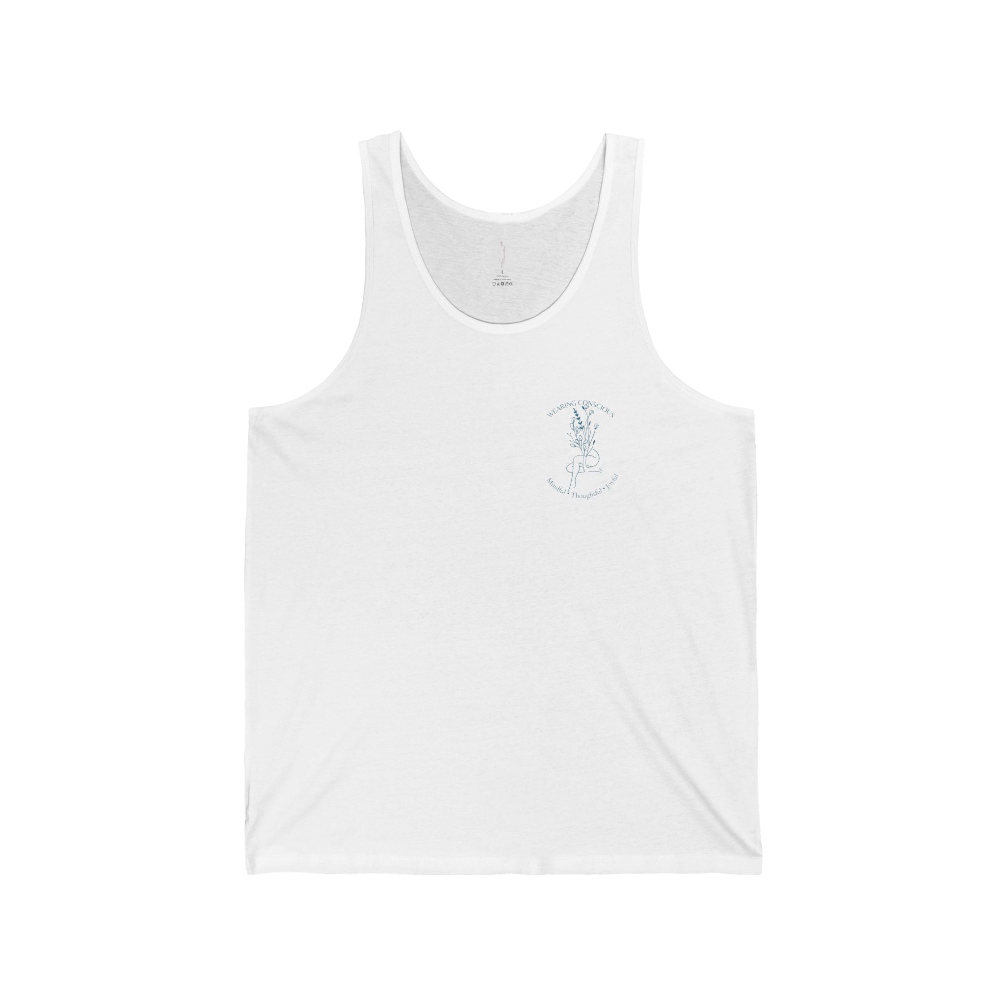 A white unisex athletic tank top with a small text and design on the front.