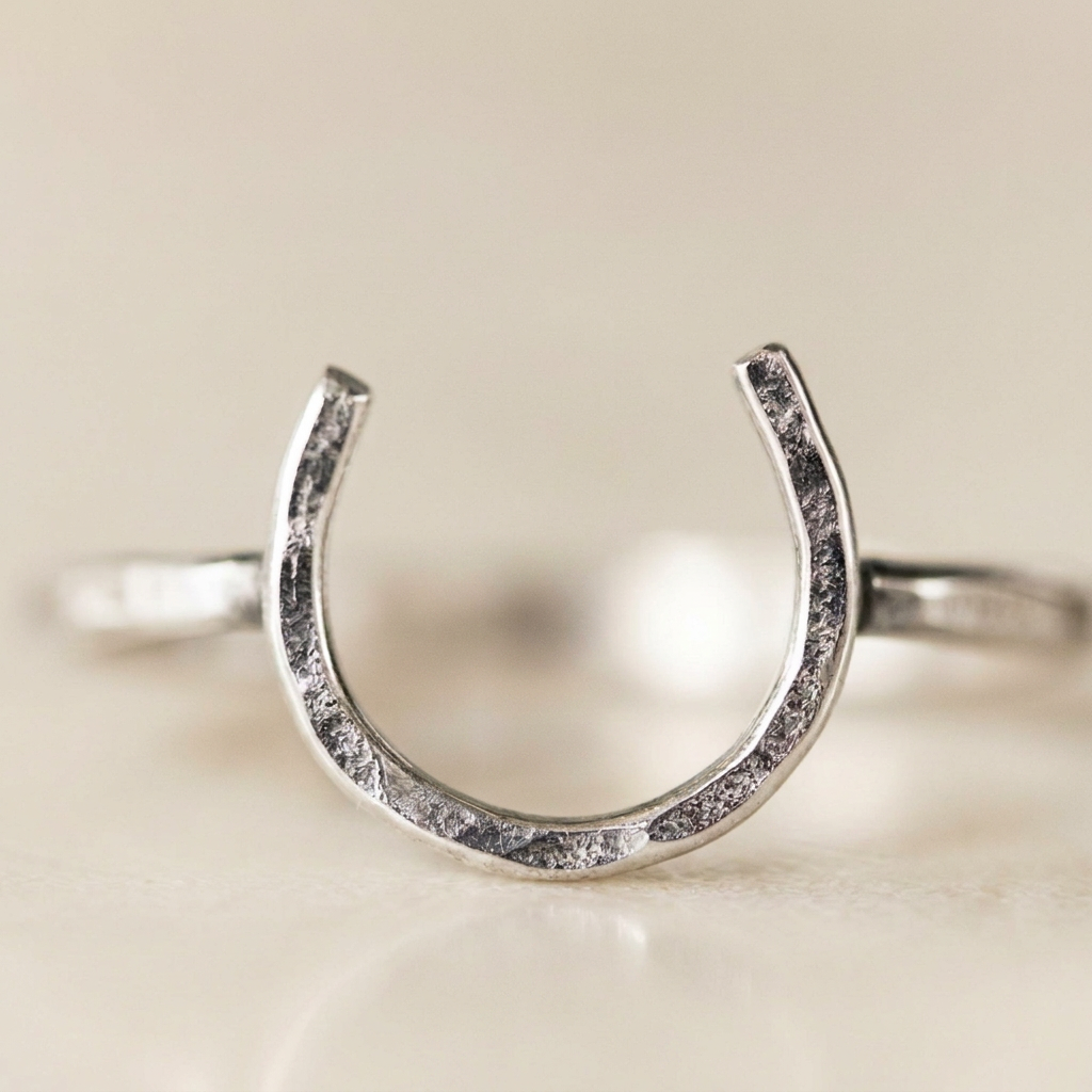 A silver horseshoe-shaped ring with a textured, glittery finish, photographed on a soft, light gray reflective surface.