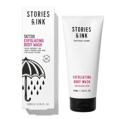 Stories & Ink Tattoo Exfoliating Body Wash with packaging on a white background