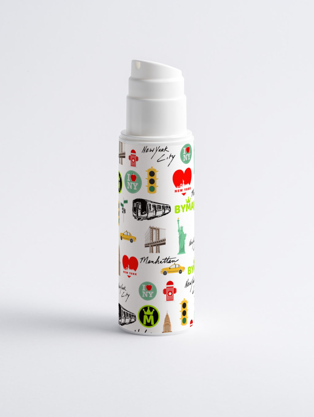 Skincare bottle with New York-themed design on a white background
