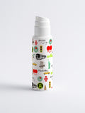 Skincare bottle with New York-themed design on a white background