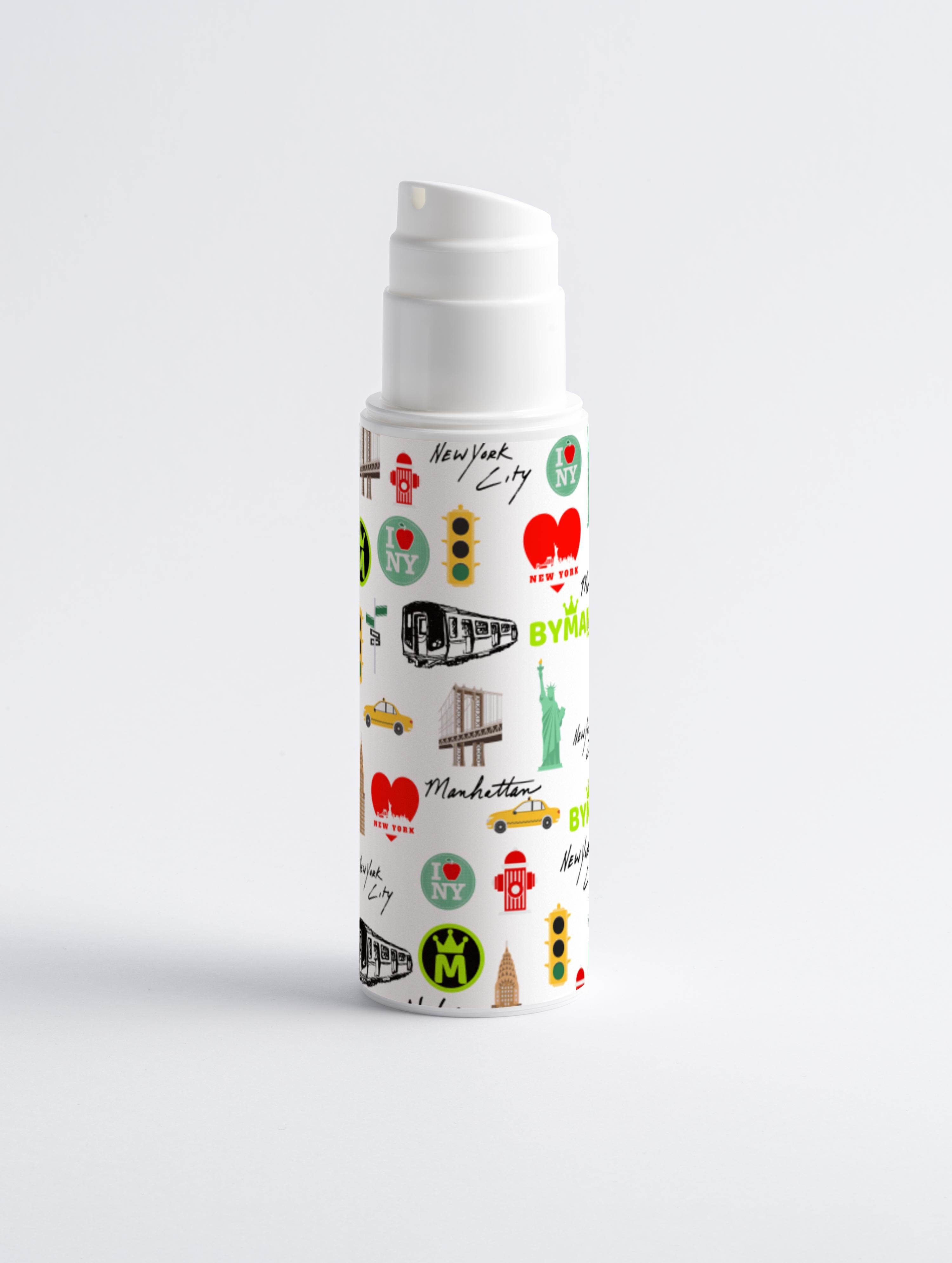 Skincare bottle with New York-themed design on a white background
