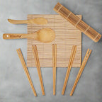 Bamboo Sushi Making Kit with 2 Sushi Rolling Mats, 5 Pairs of Reusable Bamboo Chopsticks, 1 Rice Paddle and 1 Spreader - Beginner Sushi Kit-0