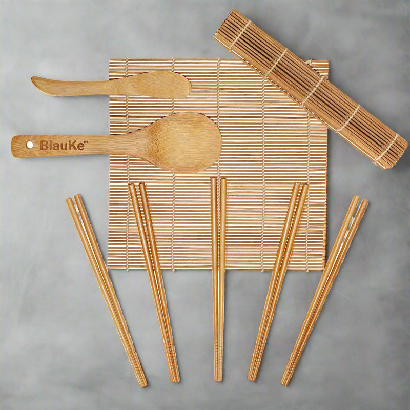 Bamboo Sushi Making Kit with 2 Sushi Rolling Mats, 5 Pairs of Reusable Bamboo Chopsticks, 1 Rice Paddle and 1 Spreader - Beginner Sushi Kit-0