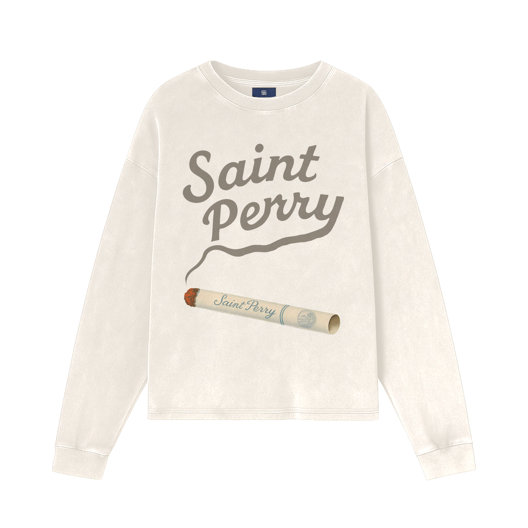 White sweatshirt with 'Saint Perry' text and graphics on a white background