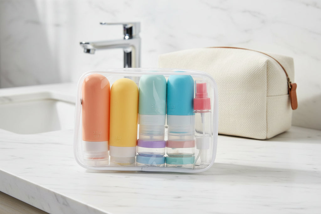 Set of colorful travel-sized bottles in a clear container on a bathroom counter.