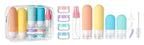 Set of pastel-colored skincare containers with a clear case on a white background