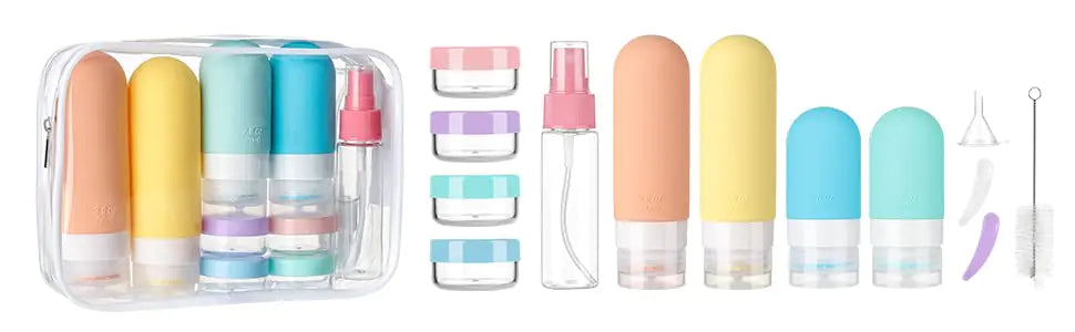Set of pastel-colored skincare containers with a clear case on a white background