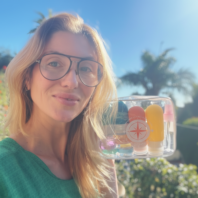 Woman holding a set of colorful nail polishes outdoors with a clear sky and greenery in the background.