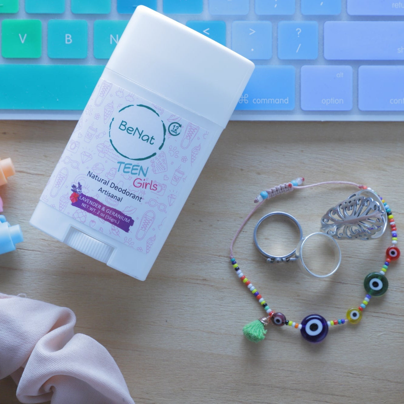 BeNub Teen Girls natural deodorant on a desk with stationery items