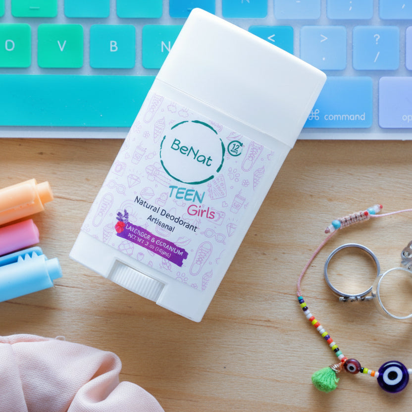 BeNub Teen Girls natural deodorant on a desk with stationery items