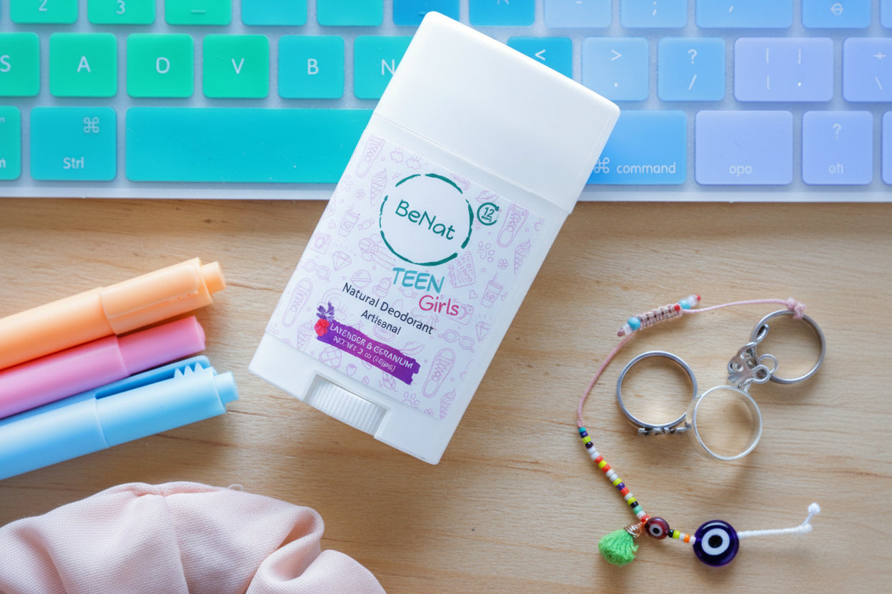 BeNub Teen Girls natural deodorant on a desk with stationery items