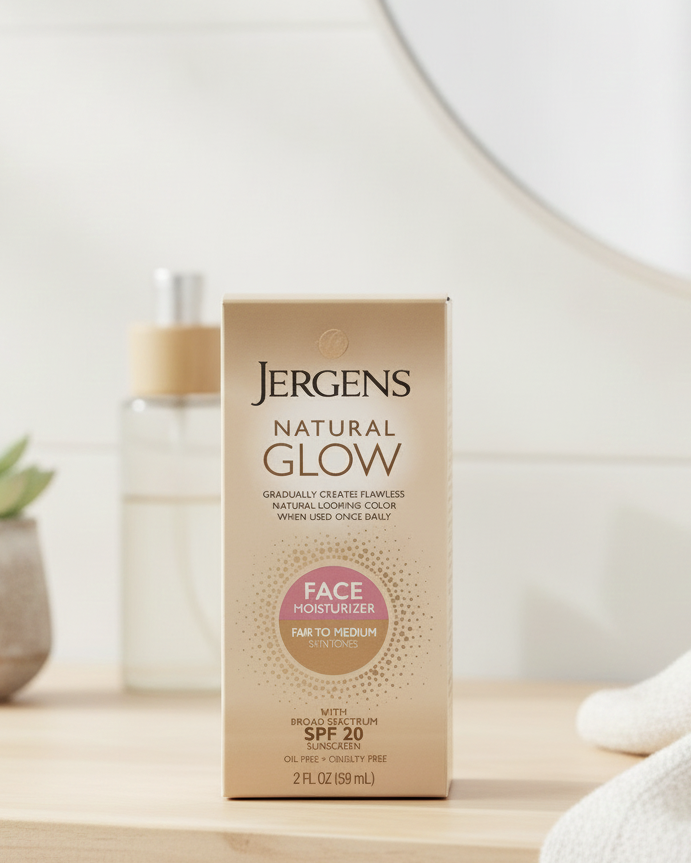 Jergens Natural Glow Face Moisturizer SPF 20 box standing on a light wood surface in a bright bathroom-like setting with a mirror, small plant, and folded towel nearby.