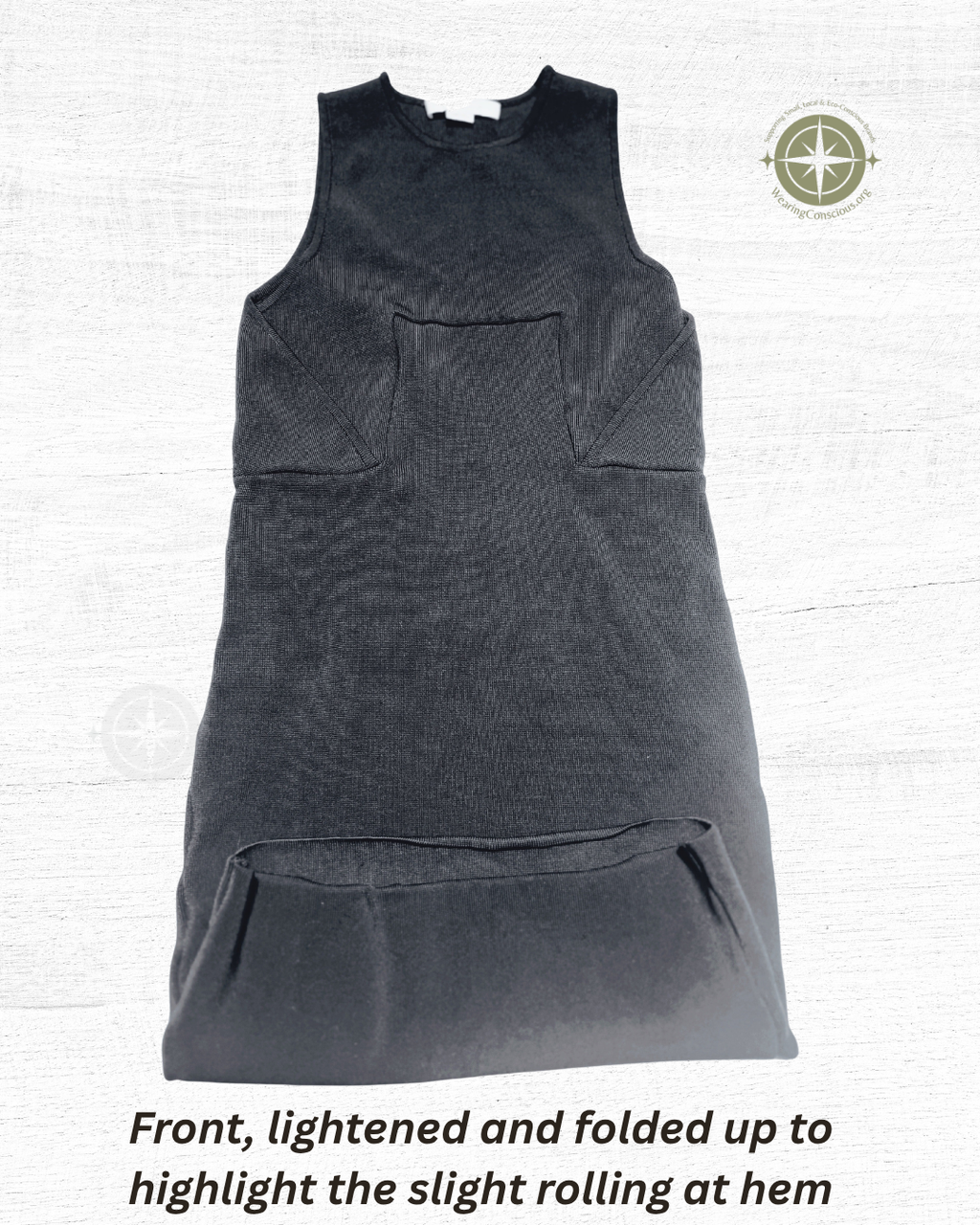 Front, lightened and folded up to highlight the slight rolling at hem