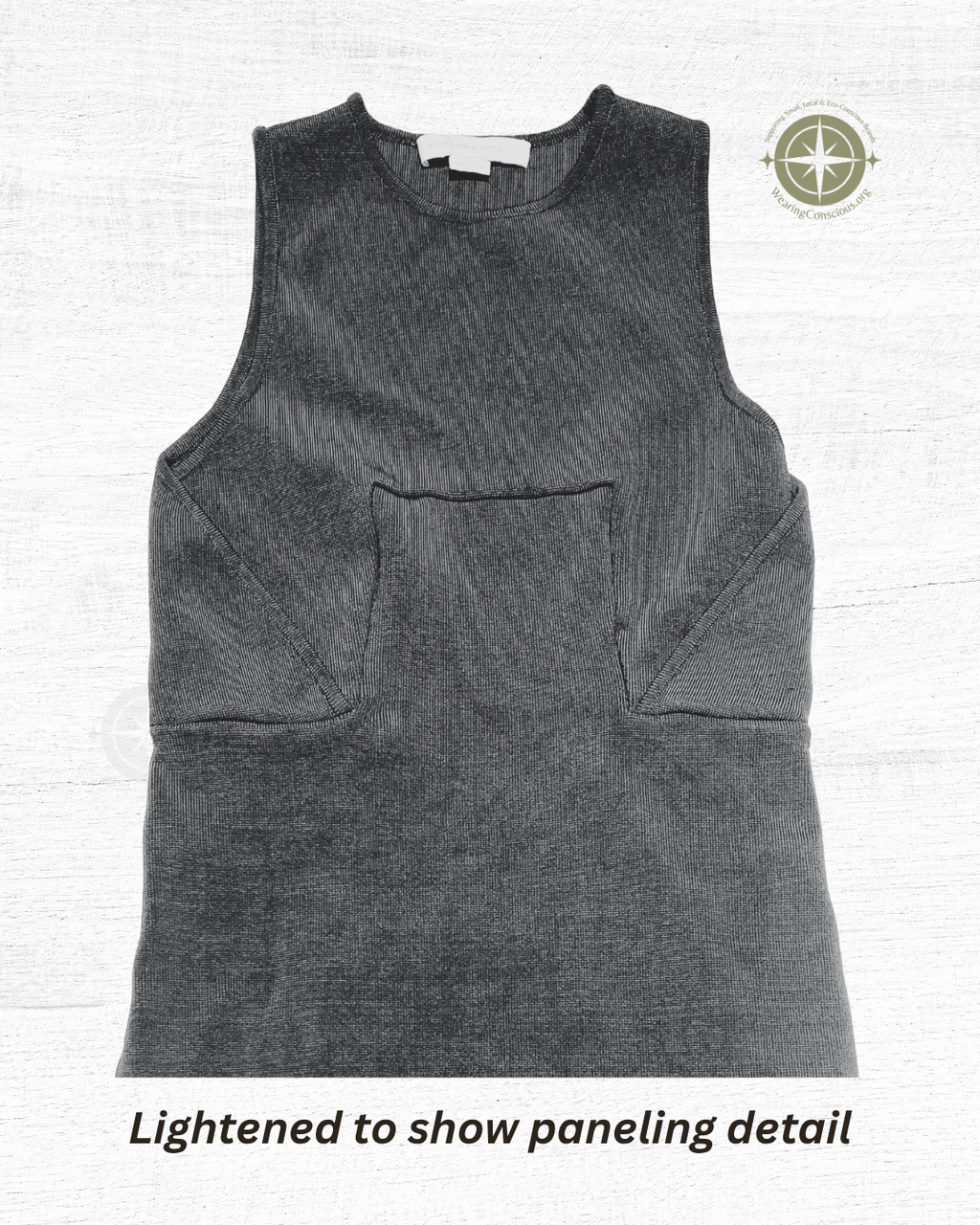 The top of the designer dress, lightened to better show the paneling details