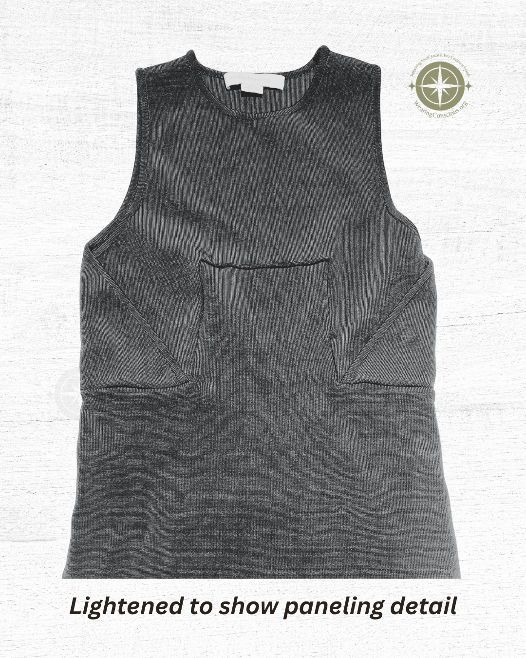 The top of the designer dress, lightened to better show the paneling details