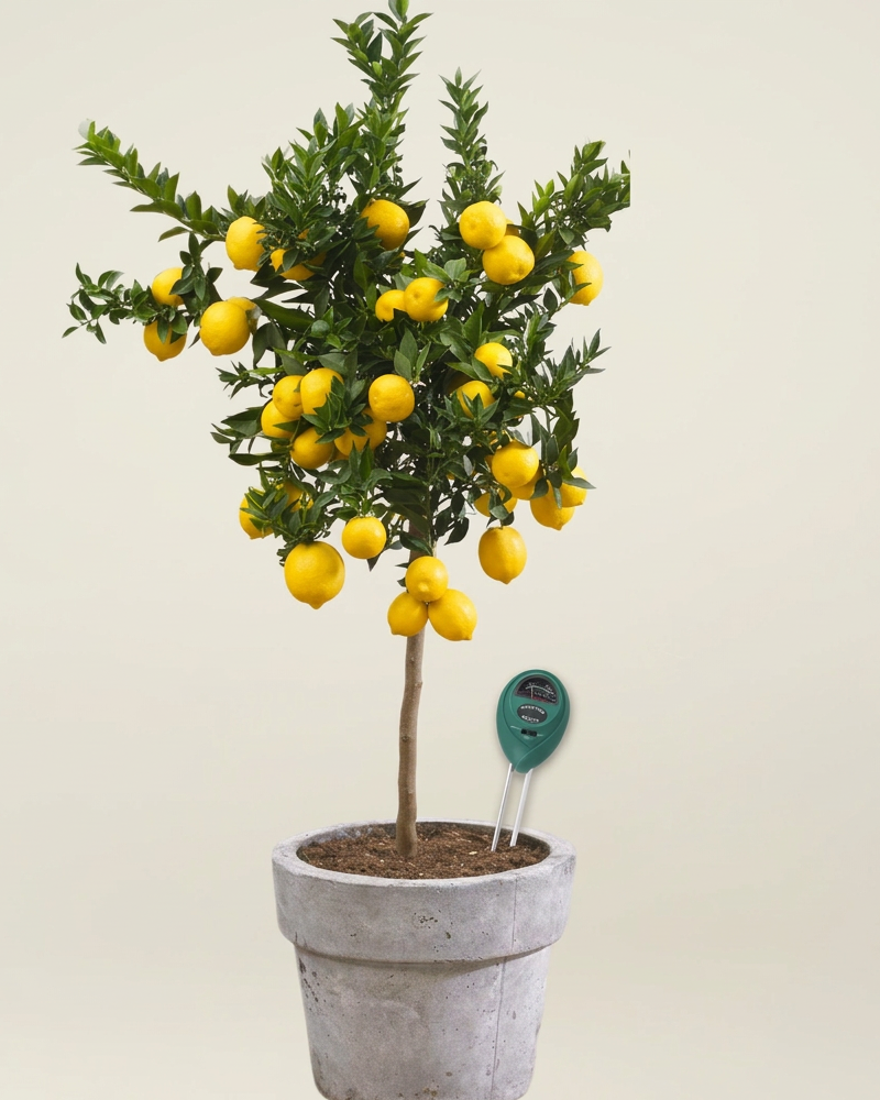 A potted Meyer lemon bush with green leaves and numerous yellow fruits, shown in a light gray concrete-style pot against a plain beige background. 