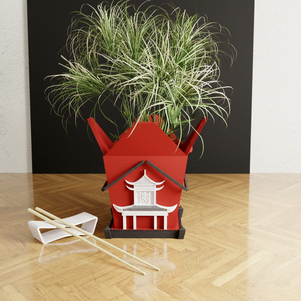 A red and white paper take-out box planter holding a green ornamental grass plant, styled on a light wood herringbone tabletop with a small white dish and chopsticks in front.