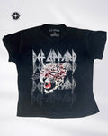 A black short-sleeve graphic t-shirt featuring the band Deftain and their 'Leopard' album artwork, displayed flat against a light gray background.