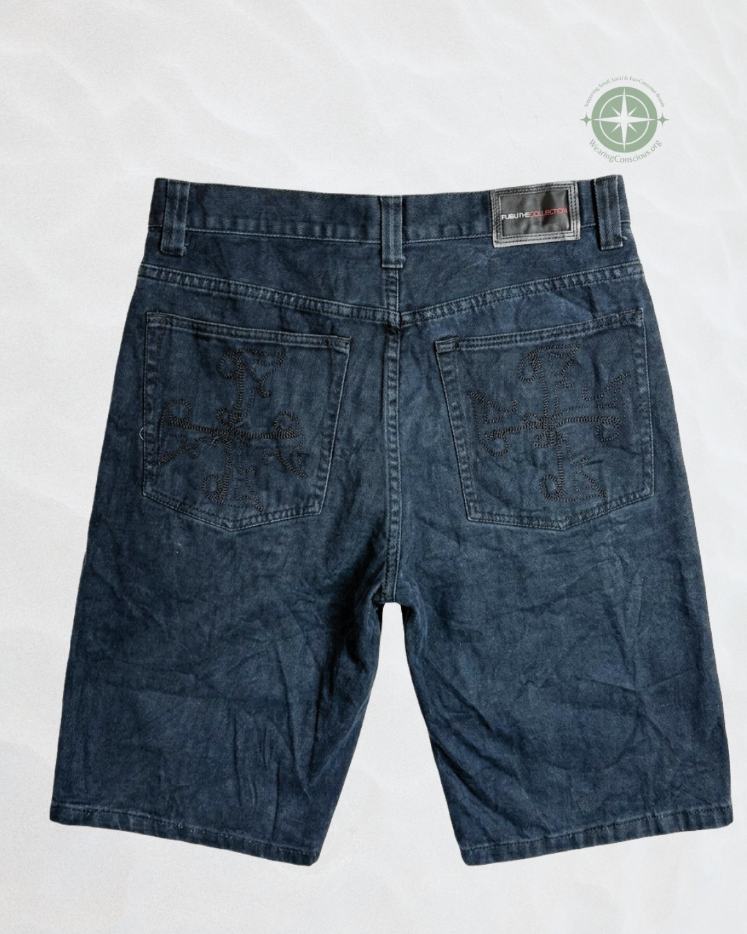 The FUBU Vintage Y2K Embroidered Pocket Dark Wash Denim Shorts