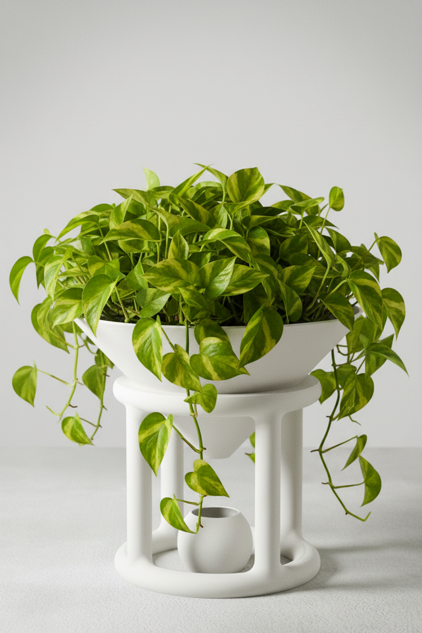 A green trailing houseplant in a white ceramic bowl planter, displayed on a matching white tiered stand against a light gray studio background.
