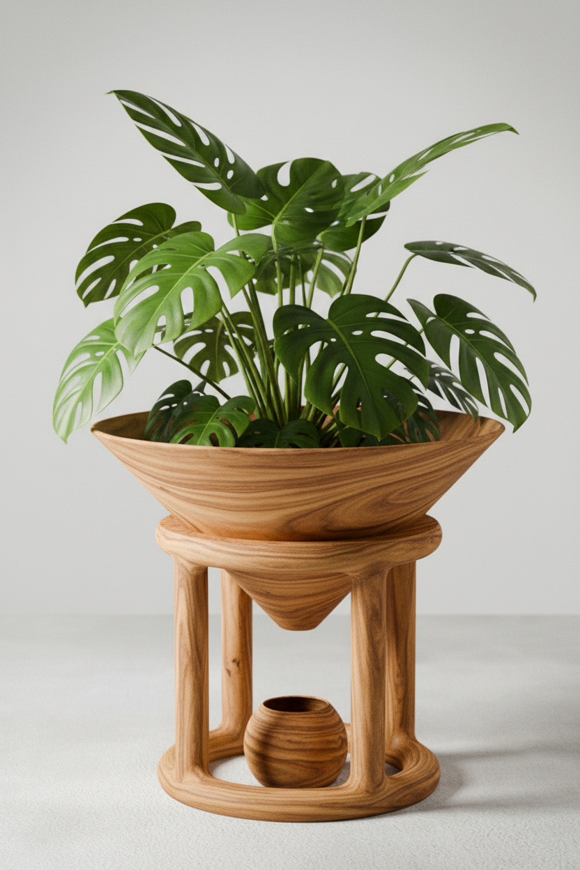 A potted Monstera plant in a sculptural wooden planter with a wide shallow bowl top, a central pedestal base, and a small matching wooden pot inside, photographed against a clean light gray studio background.