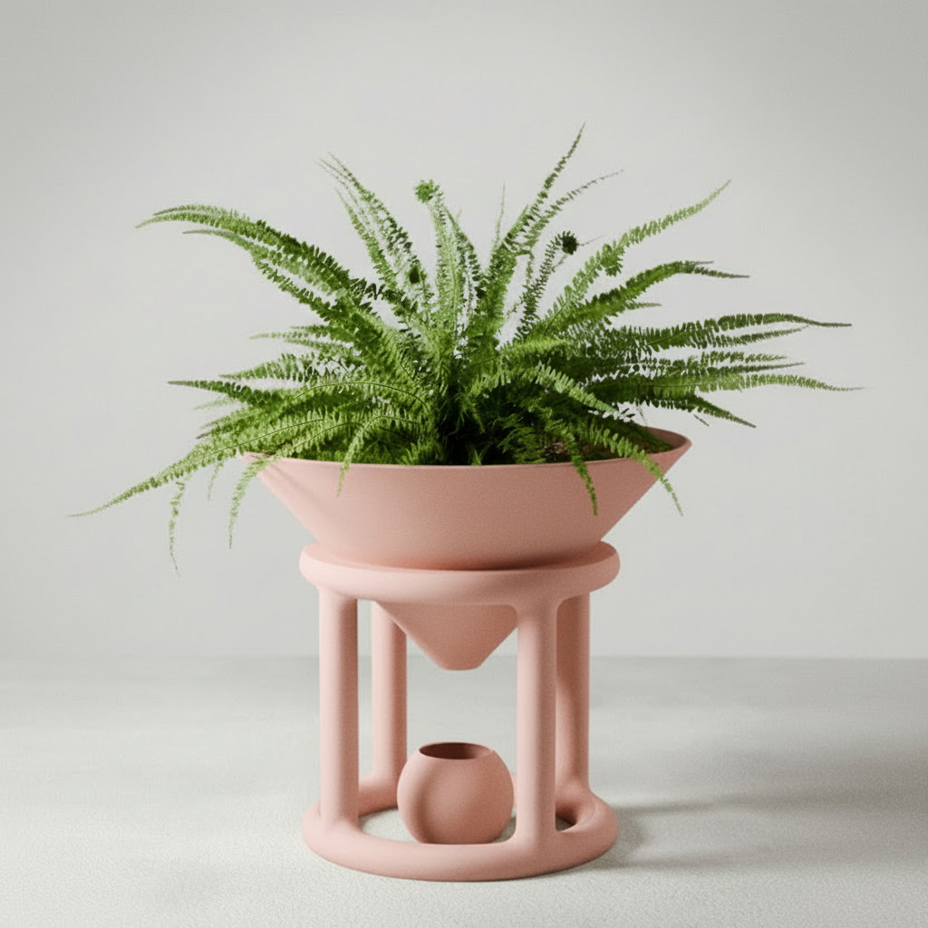 A green fern plant in a wide, shallow dusty pink planter, set on a matching pink sculptural pedestal stand with a small vase inside, against a neutral light gray background.