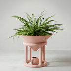 A green fern plant in a wide, shallow dusty pink planter, set on a matching pink sculptural pedestal stand with a small vase inside, against a neutral light gray background.