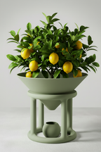 A decorative tabletop arrangement featuring a faux lemon tree with green leaves and yellow lemons in a wide shallow bowl planter, set on a matching sage green multi-tiered stand against a light gray background.