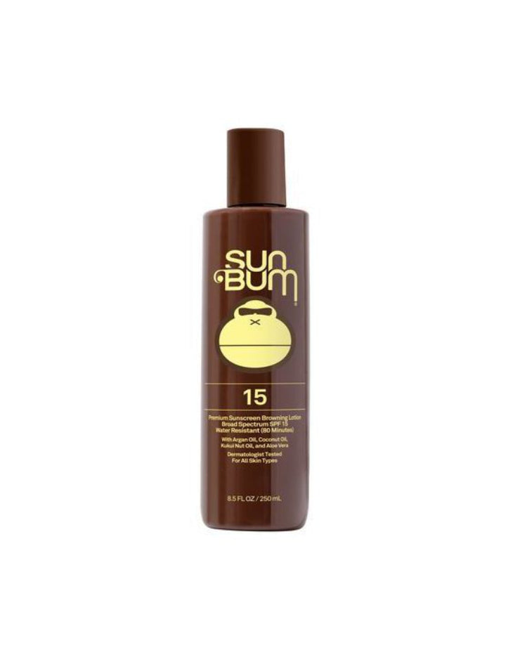 A single bottle of Sun Bum sunscreen SPF 15, featuring a dark brown bottle with a matching cap and a yellow label, centered on a plain white background.