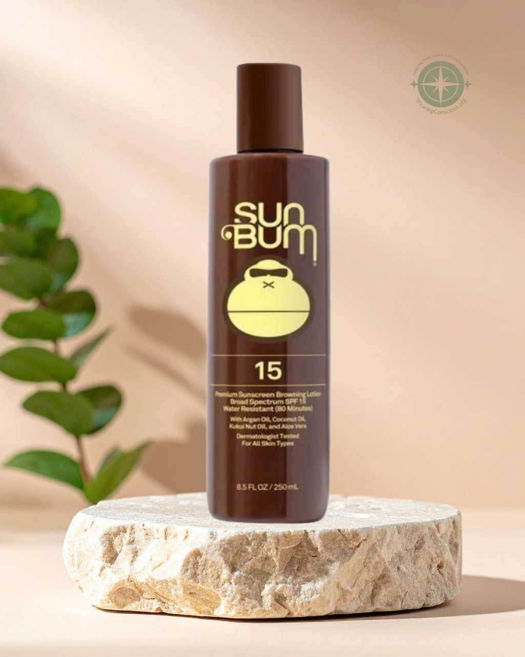 A bottle of Sun Bum SPF 15 sunscreen lotion stands on a textured stone slab against a warm beige background with soft shadows and a green plant leaf on the left.