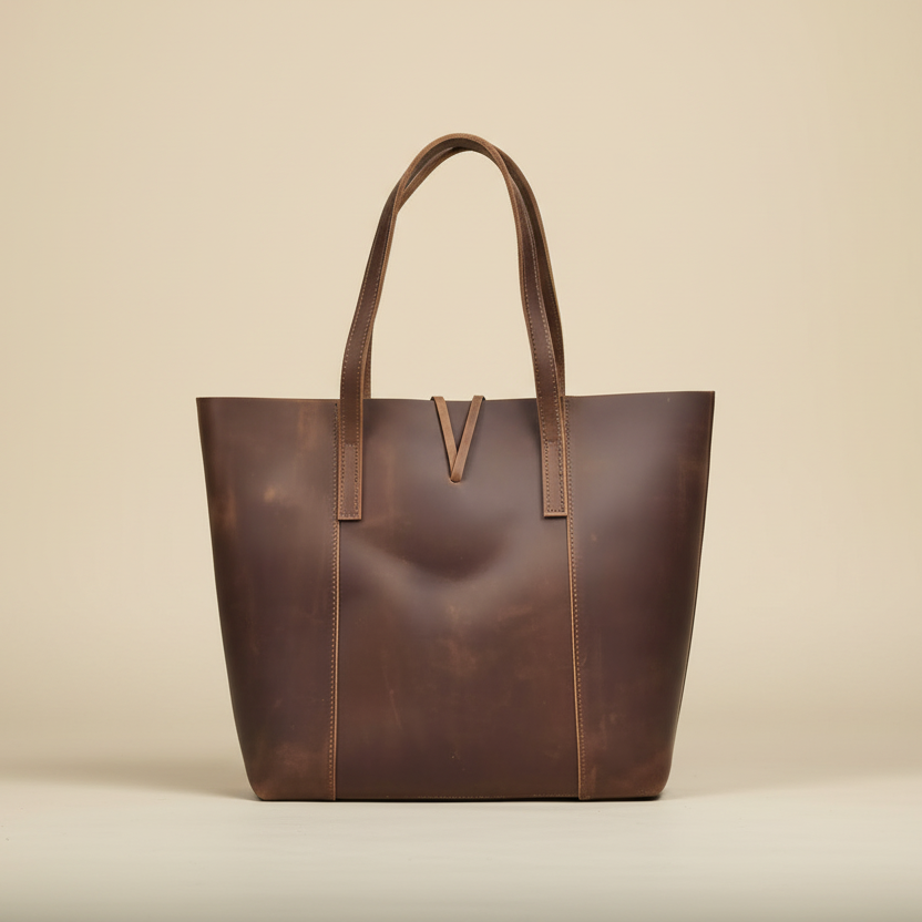 Brown leather tote bag with a visible brand logo on a neutral background