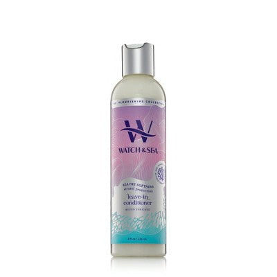 Bottle of Watch & Sea conditioner with purple label on a white background