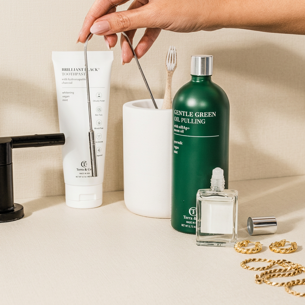 A hand reaches toward a white tube and a green bottle on a marble bathroom counter beside a sink, with gold jewelry scattered nearby.