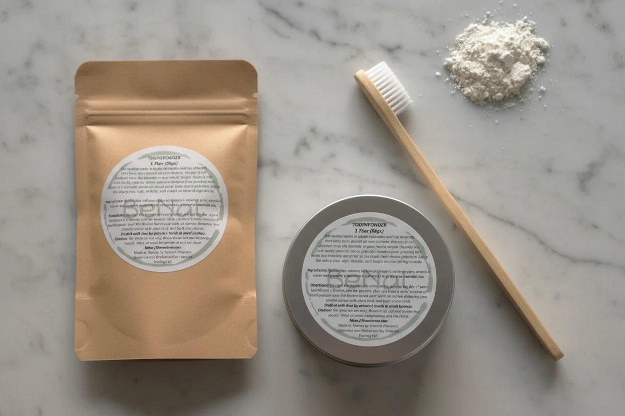 Cosmetic products including a gold pouch, a round container, and a bamboo toothbrush on a marble surface.