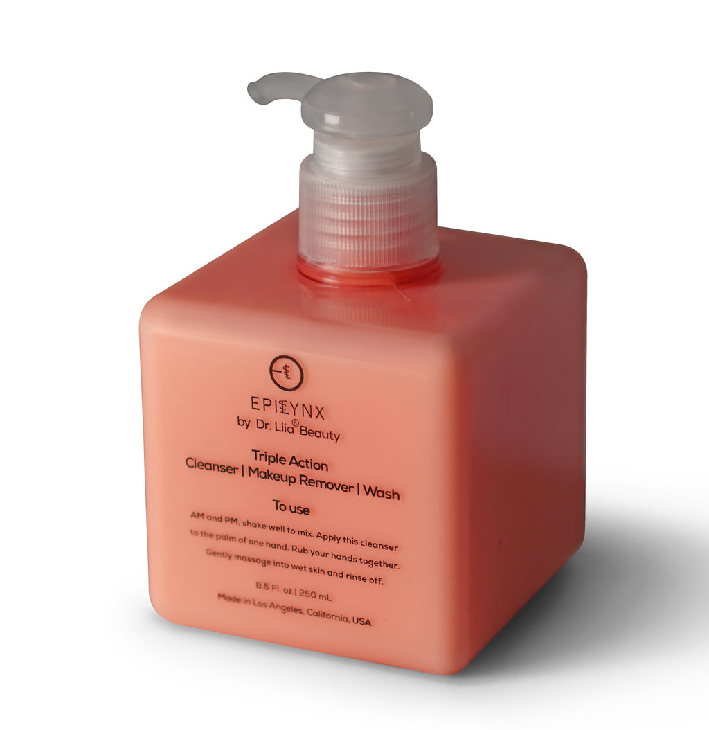 Pink bottle with pump dispenser labeled 'EpiEynx' on a white background