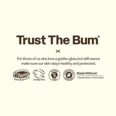 Trust The Bum branding with product features on a white background
