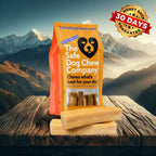 Bag of 'The Safe Dog Chew Company' chews with mountainous landscape in the background