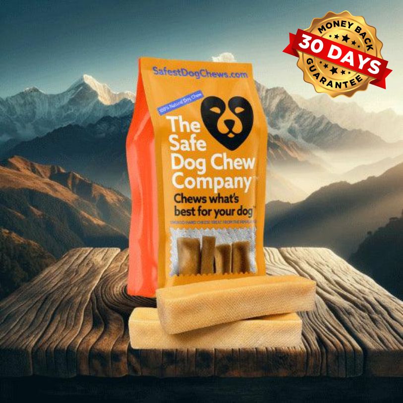 Bag of 'The Safe Dog Chew Company' chews with mountainous landscape in the background