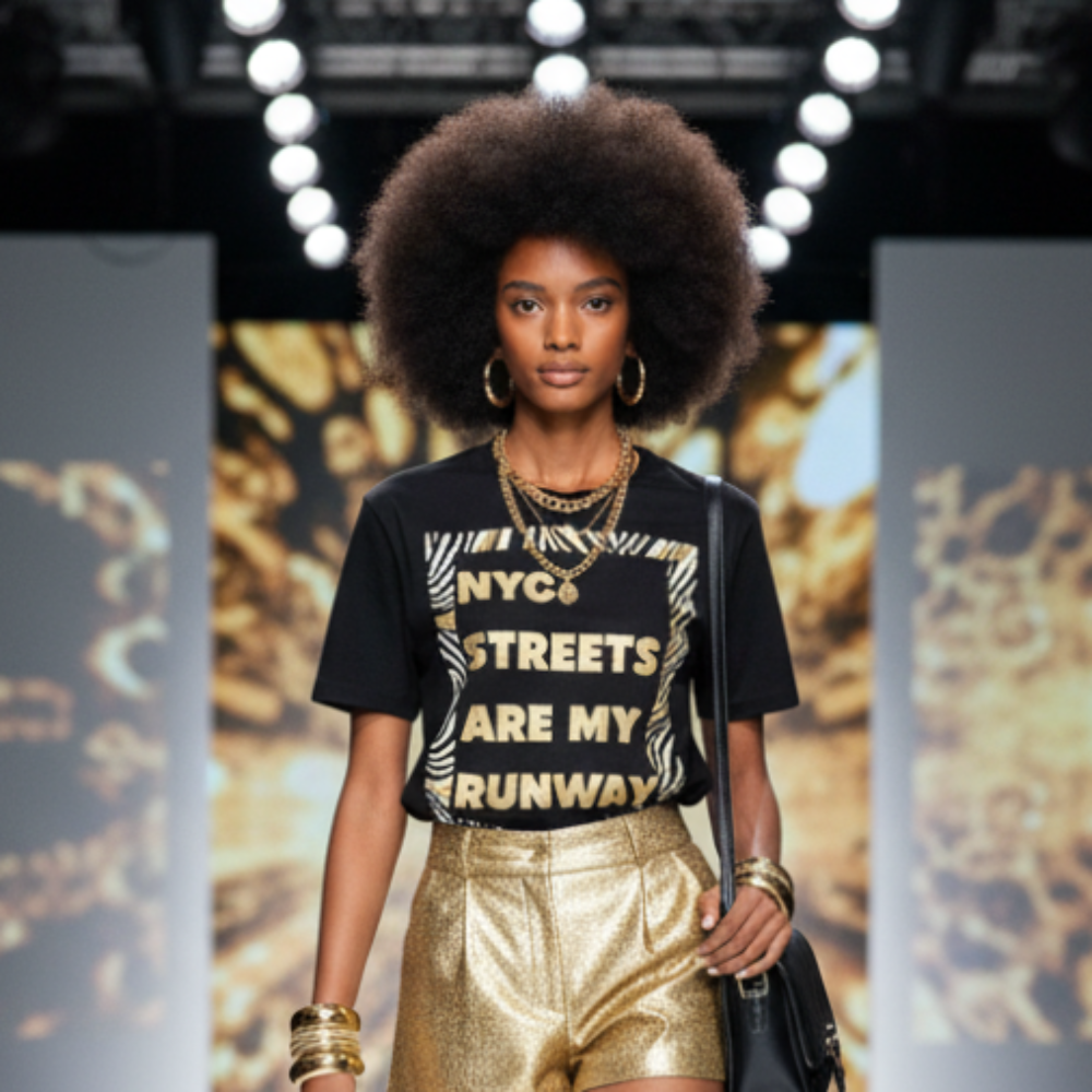 Model walking on a runway wearing a black t-shirt with text, gold shorts, and black knee-high boots.