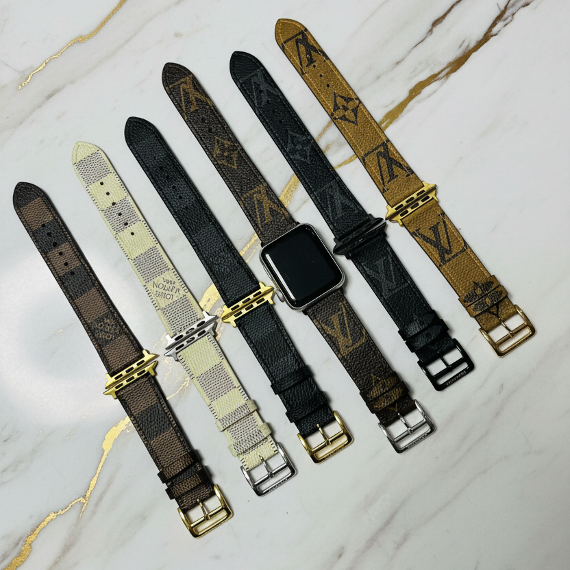Five Louis Vuitton monogram watch straps displayed on a gray textured background, with one strap fitted on a smartwatch. The straps feature various monogram patterns in brown, beige, black, and gold-tone hardware.