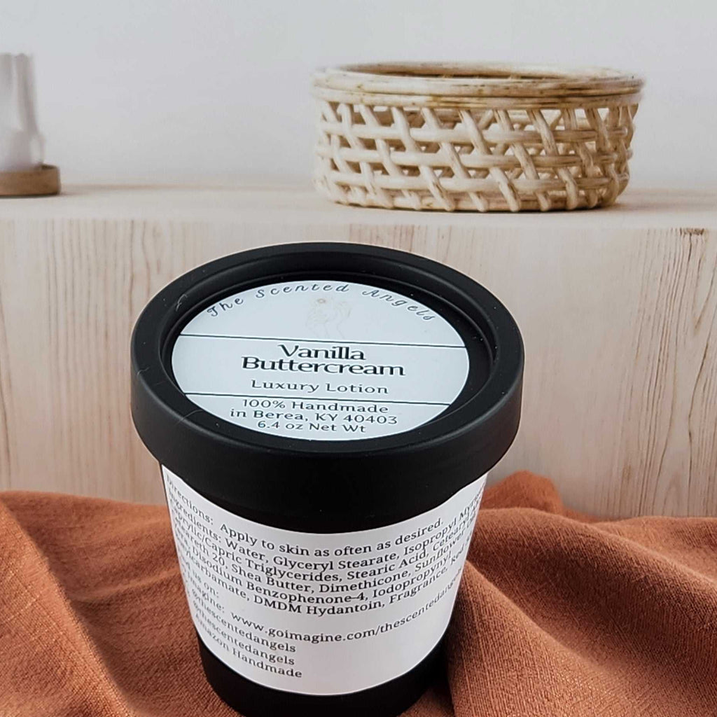 Vanilla butter cream container on a brown surface with a wooden shelf in the background