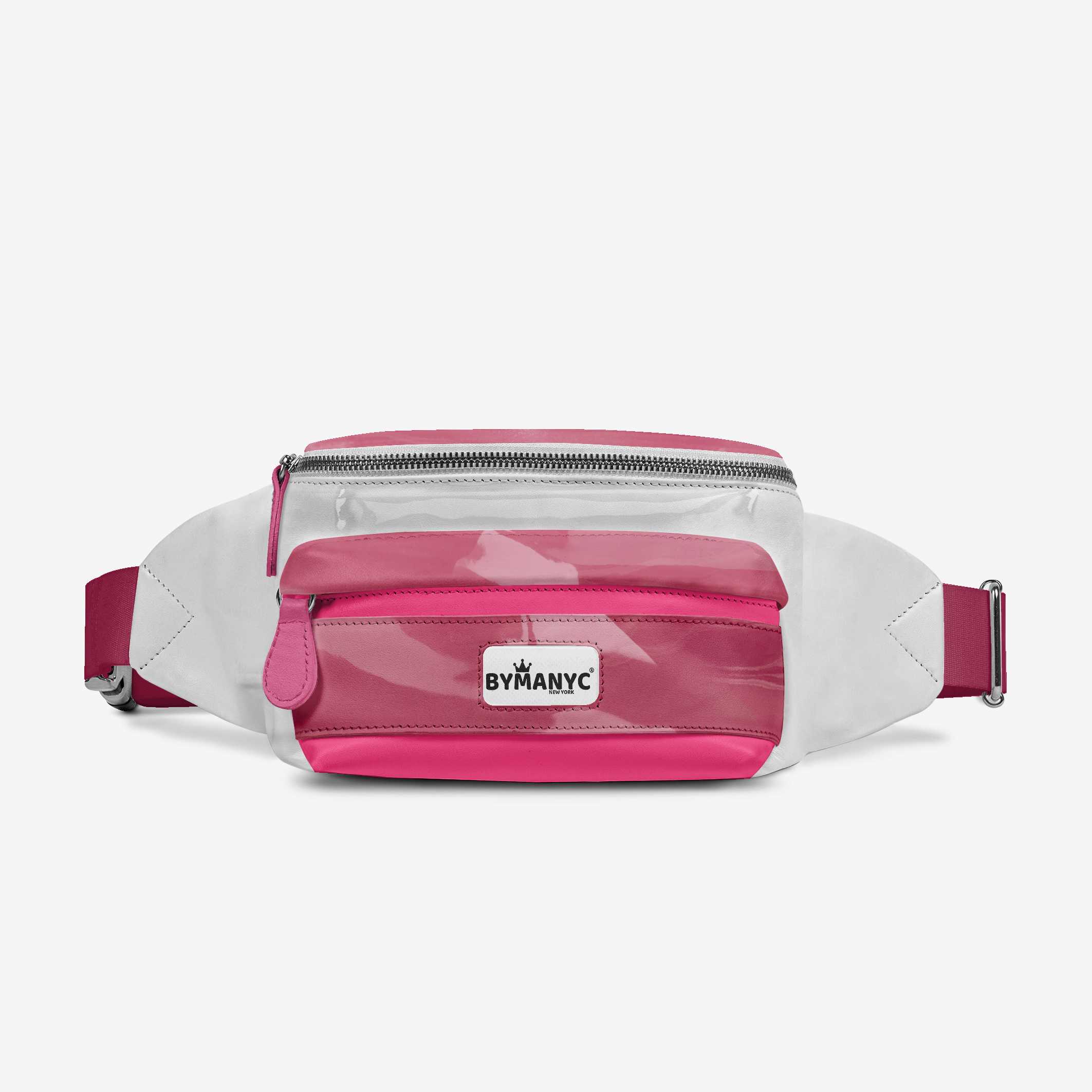 Pink and white waist bag with 'BYMANYC' logo on a light gray background