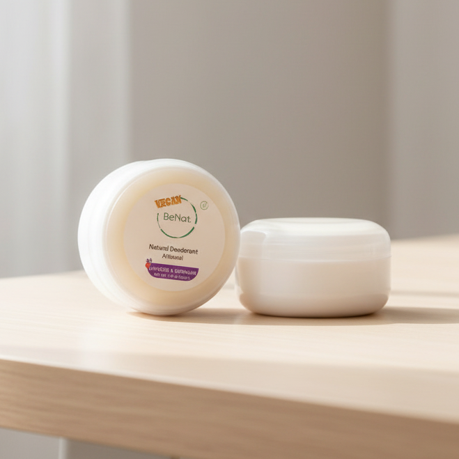 Two containers of natural deodorant with a visible brand logo on a white background.