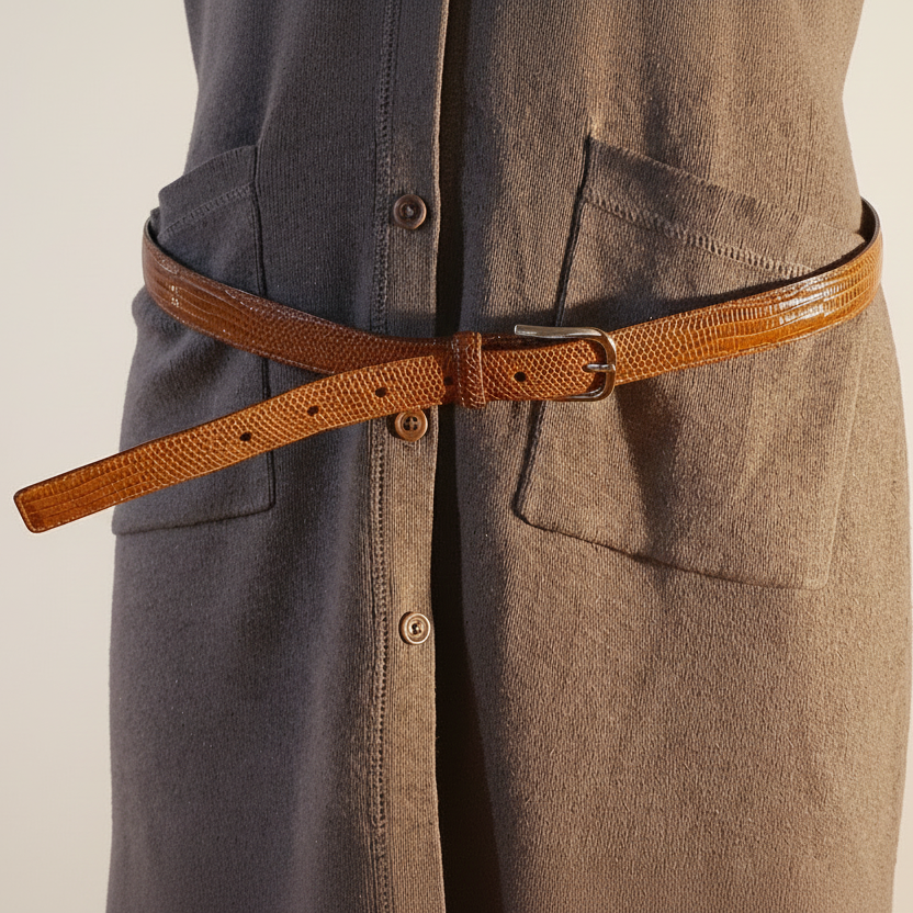 Brown belt worn by a person with a neutral background