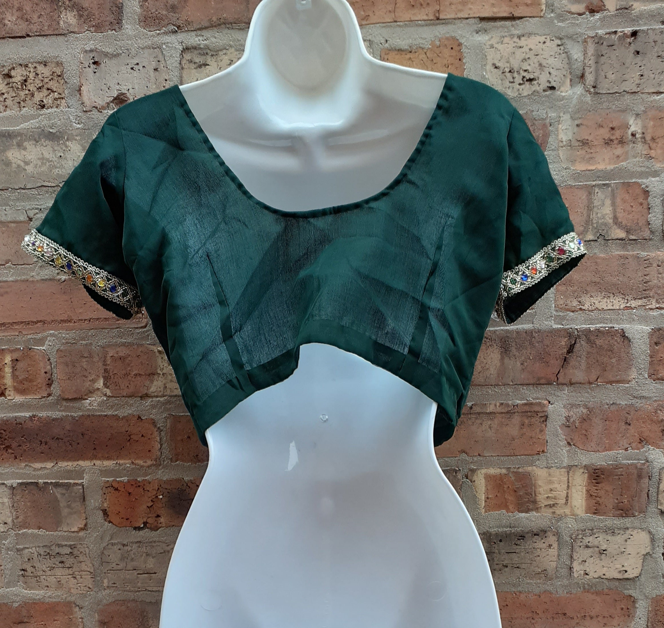 Vintage handmade Chiffon Indian Choli – Dark Green – Size S