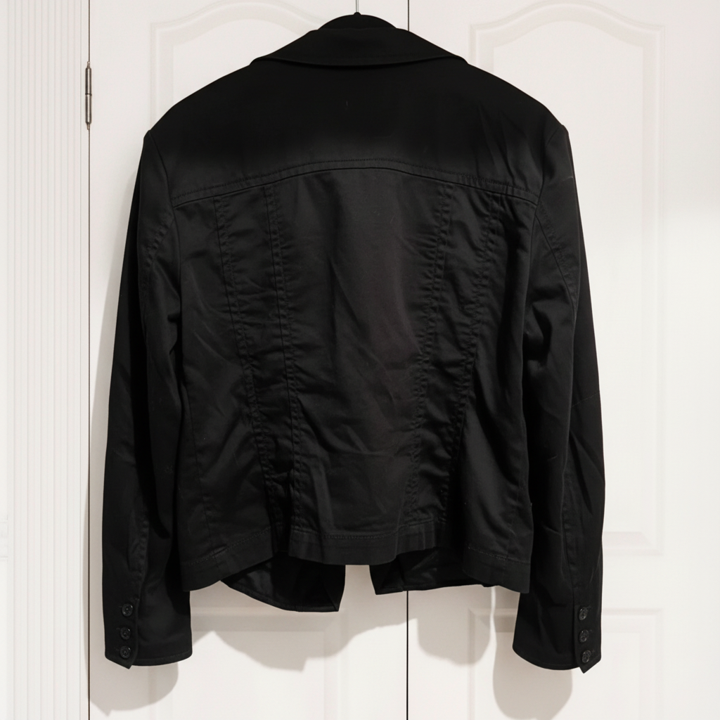 Black jacket hanging on a white door